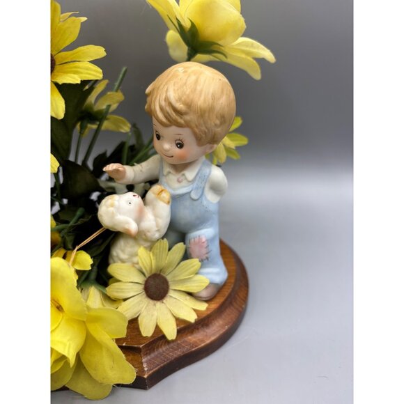 Vtg Brass Hurricane Candle Holder Yellow Floral Porcelain Boy w/ Lamb - Picture 2 of 5